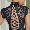 OMSJ Sexy Ladies Skinny Black Romper Backless Lace Bodysuits Women's Clubwear Bandage Hollow Out Mock Neck Short Sleeve 210517