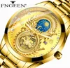Fngeen S999 방수 골드 빅 플레이트 남자 시계 드래곤 쿼츠 스틸 스트립 패션 빛나는 손목 시계