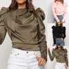 Women's Ladies Fashion Satin Tops Bow Neck Long Puff Sleeve Outwear Shirt Blouse Elegant Pleated Solid Soft Clothes Blouses & Shirts