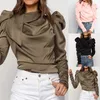 Blusas de satén a la moda para mujer, cuello con lazo, manga larga abombada, prendas de vestir, blusa elegante plisada, ropa suave lisa, blusas, camisas