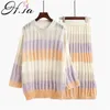 H.sa Frauen passen Süßigkeiten bunte Striped Pull Jumper Pullover und Röcke Pullover elegante Strickwege im Winter 210417