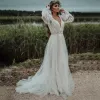 Wedding Boho Dresses Bridal Gown V Neck Long Poet Sleeves Lace Applique Beaded Crystals A Line Sweep Train Side Slit Vestido De Novia estido