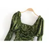 Стильный сладкий зеленый горошек ruched платье милые женщины квадратные воротники платья повседневные Vestidos для девочек Streetwear Outfit 210520