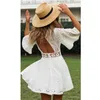Sexig Backless White Lace Summer Dress Kvinnor O Neck Embriodery Flower Short Boho Beach Hollow Out 210427