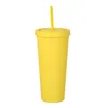 22oz Straw Mok lekvrije zegel Dubbellaags Plastic Cup Draagbare Koffie Bekers 700ml Effen kleur