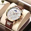 2021 Lige Watches Mens Top Brand Luxury Clock Casual Leathe 24hour Moon Phase Men Watch Sport Waterproof Quartz Chronograph Box TF222O