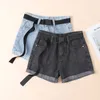 Primavera verão mulheres retrô denim azul shorts com cinto casual perna larga feminina solta jeans de cintura alta 210430