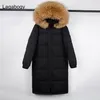 Lagabogy Grande Vera Pelliccia di Procione Inverno Donna 90% Piumino d'anatra bianca Donna Spessa con cappuccio Lungo Parka Cappotto da neve oversize 211221