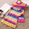 Vêtements pour enfants Casual Coton Enfant Filles Robe Été Genou Longueur Plissée Rayé Robe Arc-En-Ciel Enfants Robes pour Filles 210713