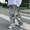 QWEEK Harajuku Tie Dye Wide Leg Pants Women Streetwear Fashion Oversize Print Trousers 2000s Aesthetic Hippie High Waist 211112