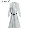 Kvinnor chic mode med bälte polka dot pläterad midi klänning vintage hög nacke elastiska midja kvinnliga klänningar mujer 210416