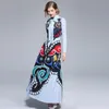 Güz Tasarımcı Pist Lady Yay Kemer Vintage Baskı Turn-down Yaka Uzun Kollu Ince Kadın Kat Uzunluk Maxi Elbise 210416