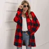 Höst Lång Faux Fur Coat Kvinnor Plaid Jacka Vinterrock Kvinnor Långärmad Fluffig Teddy Jacket Ladies Warm Plush Jacket Kvinna 211110