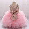 Spädbarn flicka klänning spets tulle dop klänningar för tjejer 1: a år födelsedag beading appliqued party bröllopskläder 210508