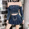 Women 2 Piece Set Sexy Slash Neck Off the Shoulder long Sleeve Top and blue Denim +skirts Suit sets 210531