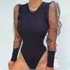 Women's Jumpsuits & Rompers Sexy Puff Long Sleeve Black Mesh Bodysuit Women Autumn Party Body Suits Tops Female O Neck Slim Polka Dot Bodyco