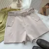 Kimutomo falso bolsillo pantalones cortos casuales mujeres primavera verano coreano retro cintura alta delgado sólido pantalones cortos de pierna ancha con cinturón elegante 210521