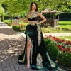 Chic Mermaid Evening Dresses With Detachable Train Velvet Gold Appliqued Lace Prom Pageant Gown Sexy V Neck Robe De Mariée Customize Arabic Dubai Luxury Party Gowns