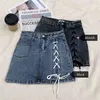 Vintage Denim Kjolar Jeans Black Shorts Kvinnor Sexig Hög Midja Lace Up Bodycon Split Tight Mini Skirt Plus Size 210601