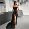 Black Mermaid Satin Evening Dress 2022 Sexy Long Sweetheart High Slit Lace Appliques Prom Formal Gown Celebrity Wear Robe De Soire4814660