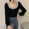 Zarif Velor Kadın Bluzlar Siyah Dantel Patchwork Sonbahar Blusas Mujer Gömlek Tops Moda Retro 18303 210415