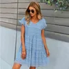 Floral Impressão Ruffles Vestido Solto Mulheres Verão V Neck Manga Curta Mini Vestidos Casuais Senhoras Bolinhas Férias Sundress Vestidos 210507