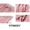 Yitimoky satijn zijden broek vrouwen wide been losse trekkoord kantoor witte broek mode zwarte elastische hoge taille broek 211112
