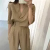 Summer Woman Sets 2 Piece Ankle-Length Wide Leg Pants High Waist Casual Single Breasted Costume Suit 210512