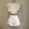 High Quality Sunday Set elastic waistband Cropped top with ruffle detail and cute ruffle mini shorts skirts 210330