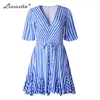 LEVIORTIN Manica corta A Righe Stampa Abito Estivo Con Scollo A V Boho Abiti Da Spiaggia Donna Casual A-line Mini Vestito Da Partito Abiti 210527