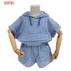 Baumwolle Leinen Plaid 2 stücke Anzug Jungen Mädchen Sport Kleidung Neue Koreanische Sommer Mädchen Mit Kapuze Casual Set Kurzarm Top + Hose Kinder Outfit X0902