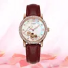 woman Automatic Mechanical watch Luxury high quality watches 5 colors dial Hollow Ladies Rhinestone Leather strap sports (Wristwatches