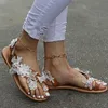 Sandals 2022 Summer Cool And Comfortable Lace Beads Flower Belt Buckle Flat Heel Round Toe Ladies