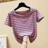 WWENN katoen Koreaanse V-hals Basic Striped T-shirt Dameskleding Zomer Korte Mouw Casual T-shirt Vrouwelijke Tops Tee Shirt Femme 210507