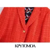 KPYTOMOA Women Fashion With Print Lining Fitted Tweed Blazer Coat Vintage Long Sleeve Pockets Female Outerwear Chic Veste 210930