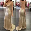 Party Dresses Backless Sequins Prom V Neck Lätta Guld Sequined Mermaid Long Criss Cross Straps Öppna Back Formal Dress Pageant