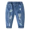 Весна осень за 2 3 4 6 8 9 10 лет малыш эластичный длинный красивый с карманным отверстием джинсовые голубые джинсы дети мальчик 210529
