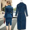 Casual Dresses 2021 Fashion Women Denim Dress Office Ladies Slim Jeans Mid with Belt For Sexy Jean BodyCon Vestidos Mujer239C