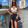 Summer Fashion Sexy Chic 2 Two-Piece White Crop Top & Black Pants High Split Design Party Club Bandage Set 210727