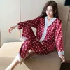 Seja de seda feminina de seda feminina de pijamas de verão vermelho amor de mangas compridas de manga longa imitação de duas peças Serviço de casa 210520