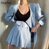 Work Style Ol 2 Pcs Women Set O Neck Long Sleeve Double Breast Jacket + High Waist Hip Straight Shorts Solid Suit Spring 210422