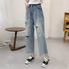 Jeans feminino elegante mulher cintura alta y2k baggy arrancado perna larga rua streetwear solto casual verão buraco de sarja denim calça feminina