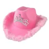 Cappelli da cowgirl occidentali con corona rosa e tiara per donna Ragazza Cappellini Fedora arrotolati Cappello da cowboy con bordo in piume Cappello da cowboy con paillettes