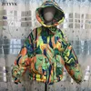 Warm Winter Down Jacket Women Graffiti Print Fashion Hooded Short Parka Girls Thick Streetwear Hip Hop Padded Coat Female 211221