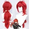 Diluc Pruik Genshin Impact Cosplay Rood Haar Lange Krullend Stiled Hittebestendig voor Volwassen Mannen Dames Halloween Rollenspel + Wig Cap Y0903