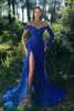 Royal Blue Sequins Mermaid High Split Prom Платья выпускного вечера Элегантные с плеча Ruched Длинные рукава Вечерние платья Женщины Формальное платье BC10971