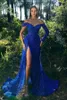 Royal Blue Sequins Mermaid High Split Prom Klänningar Elegant Av Axel Ruched Långärmade Kvällar Kvinnor Kvinnor Formell Klänning BC10971