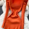 2021 NOVO Design Design Square Collar Puff manga longa Manga de malha BodyCon Tunic Side Jag Sweater Dress Color Solid Color