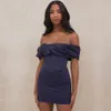 Summer Women Blue Off Shoulder Mini Dress Sexy Short Sleeve Fashion Celebrity Evening Runway Party Club Dresses 210423