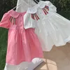 Girl Doll Collar College Dress Princess 2019 Summer Short Sleeve Bowtie Pattern Dresses Children Puff Sleeve Causal Kids Dress Q0716